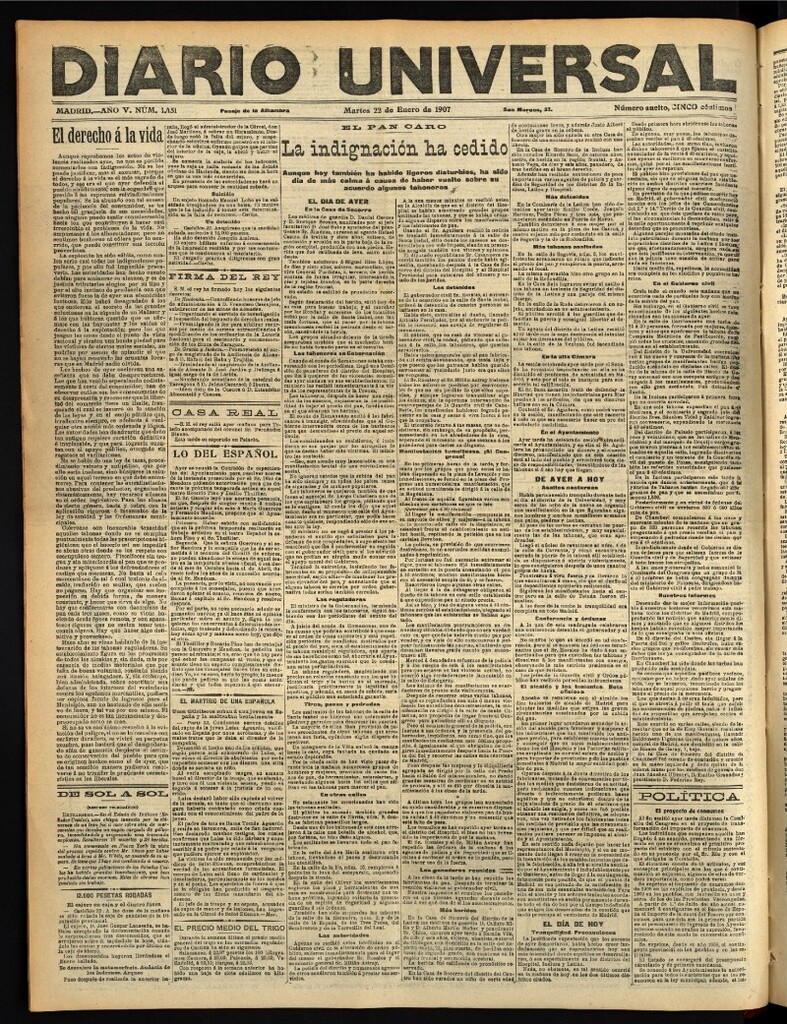 Miniatura de Diario Universal del 22 de enero de 1907, edición de tarde