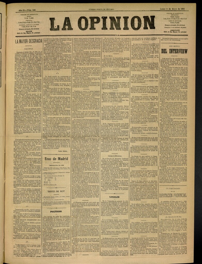 Miniatura de La Opinión del 10 de enero de 1887, nº 248