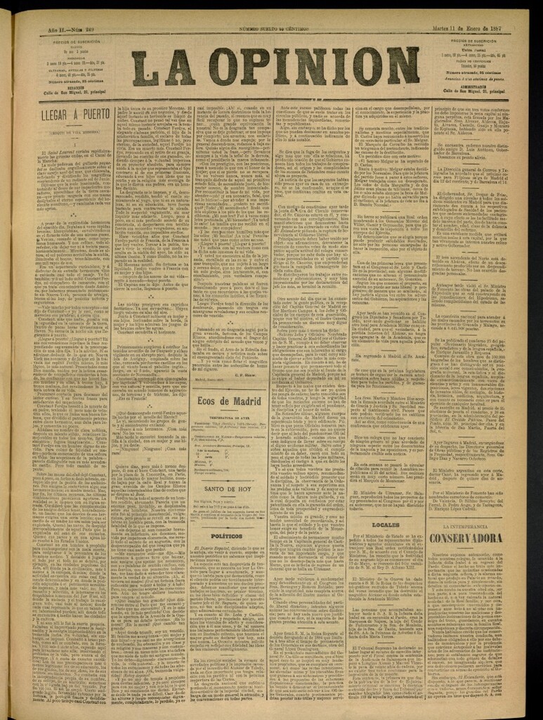 Miniatura de La Opinión del 11 de enero de 1887, nº 249