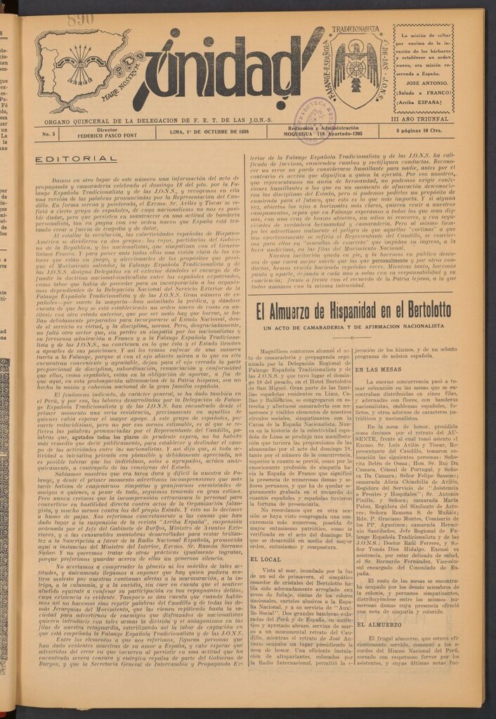 Miniatura de ¡Unidad! : órgano quincenal de la delegación de F.E.T. de las J.O.N.S. del 1 de octubre de 1938