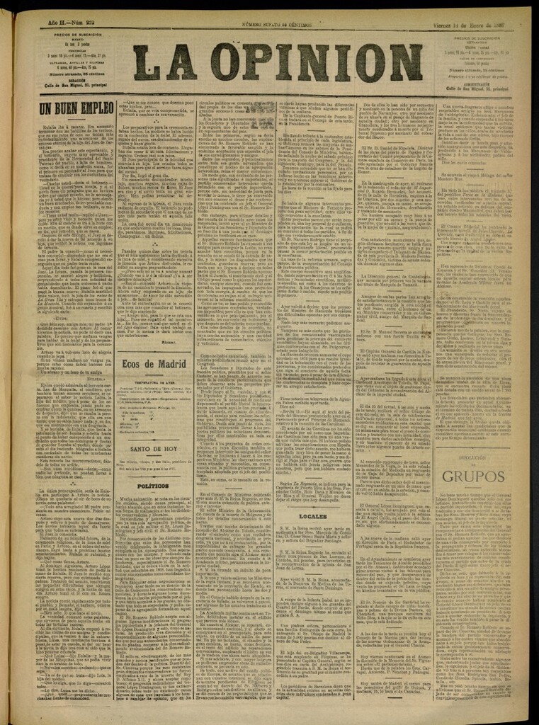 Miniatura de La Opinión del 14 de enero de 1887, nº 252