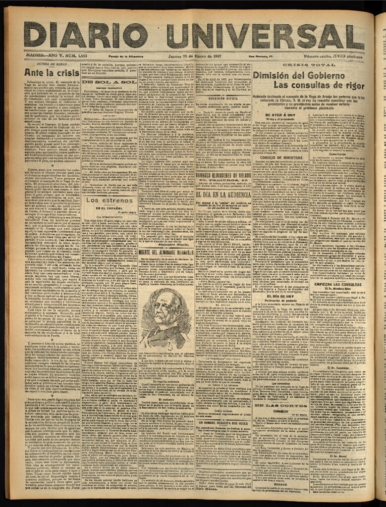 Miniatura de Diario Universal del 24 de enero de 1907, edición de noche