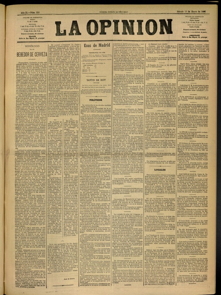 Miniatura de La Opinión del 15 de enero de 1887, nº 253