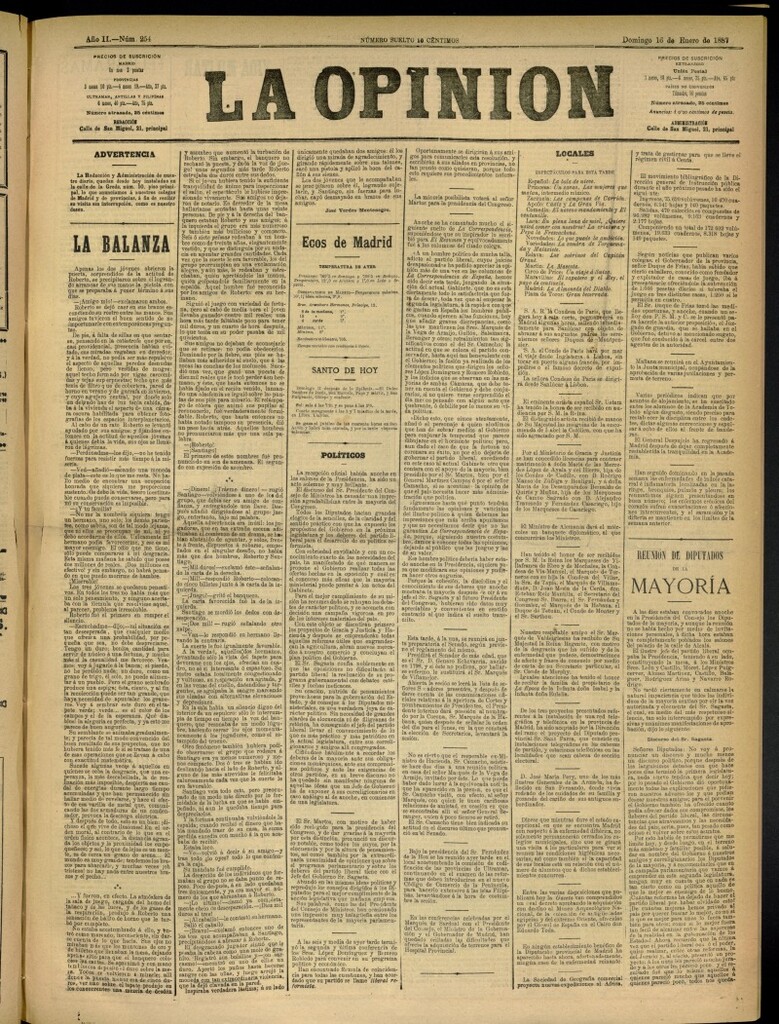 Miniatura de La Opinión del 16 de enero de 1887, nº 254