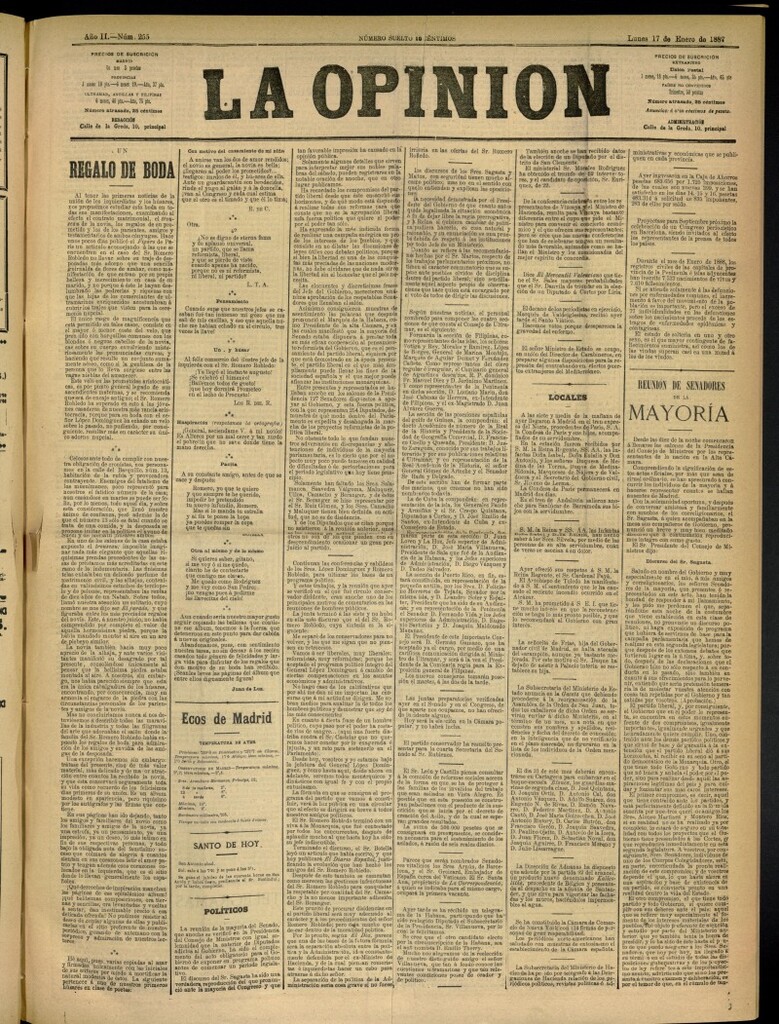 Miniatura de La Opinión del 17 de enero de 1887, nº 255