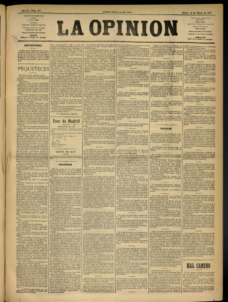 Miniatura de La Opinión del 18 de enero de 1887, nº 256
