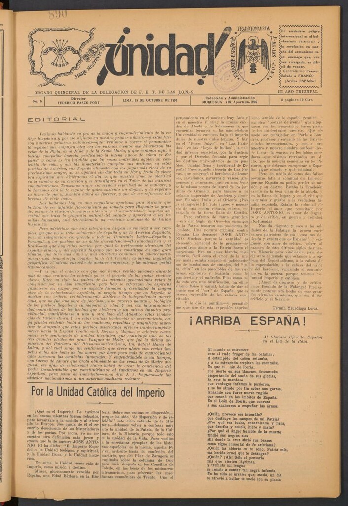 Miniatura de ¡Unidad! : órgano quincenal de la delegación de F.E.T. de las J.O.N.S. del 15  de octubre de 1938