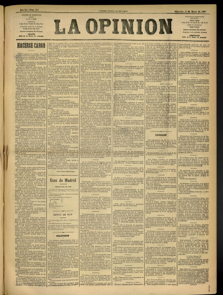 Miniatura de La Opinión del 19 de enero de 1887, nº 257
