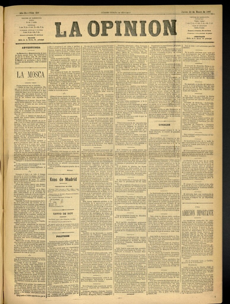 Miniatura de La Opinión del 20 de enero de 1887, nº 258