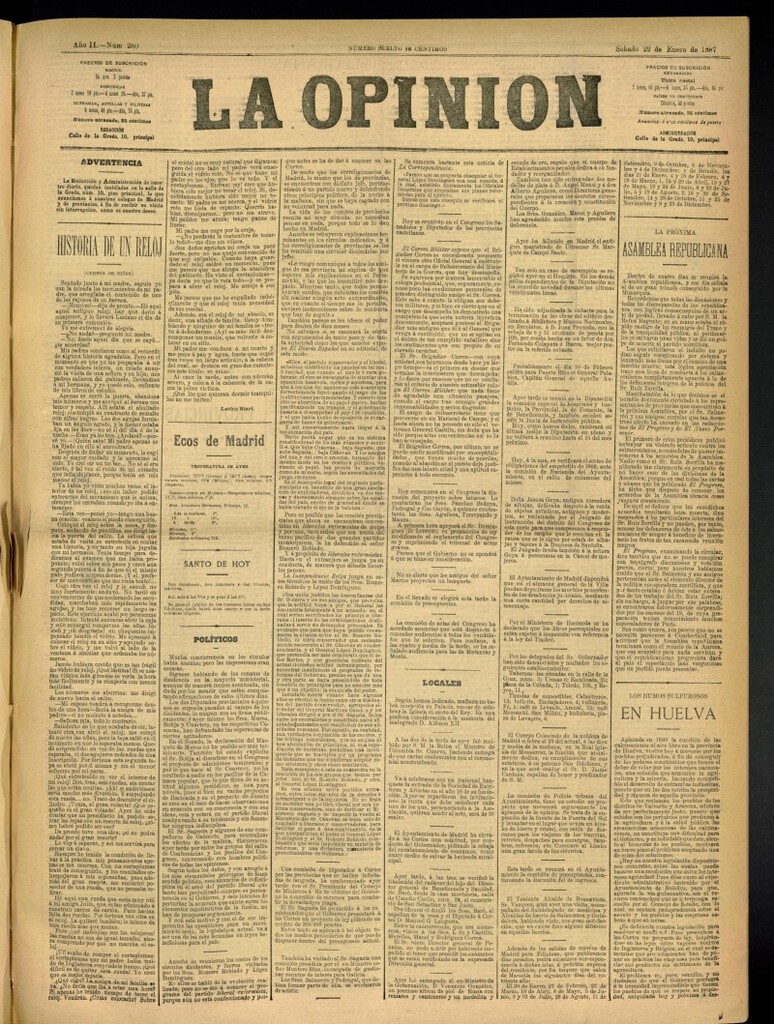 Miniatura de La Opinión del 22 de enero de 1887, nº 260