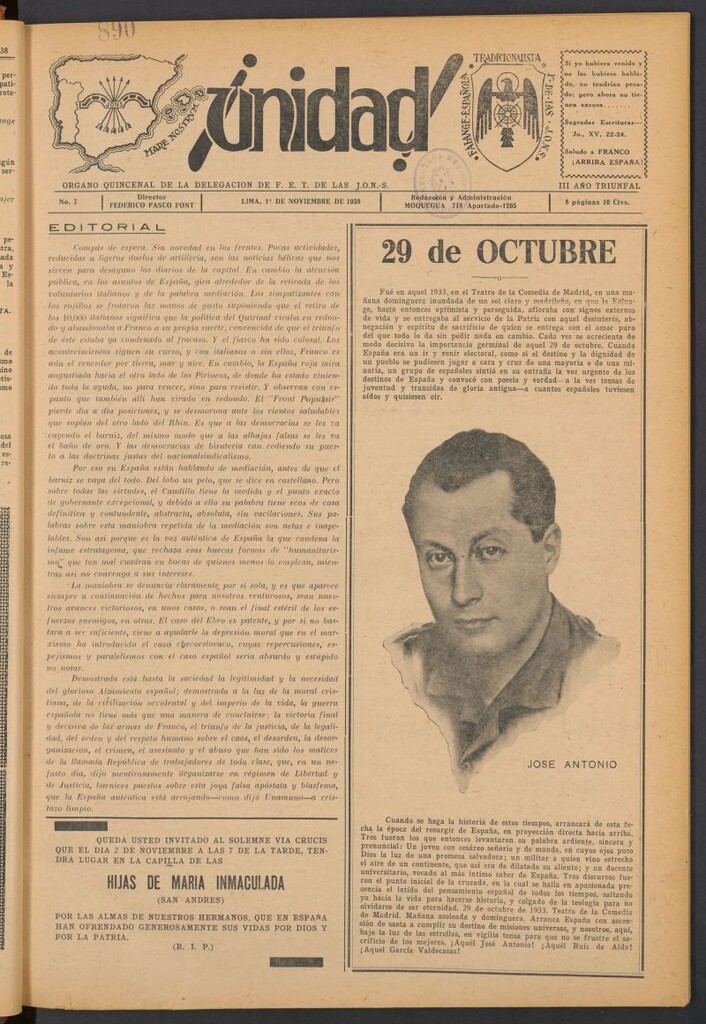 Miniatura de ¡Unidad! : órgano quincenal de la delegación de F.E.T. de las J.O.N.S. del 1 de noviembre de 1938