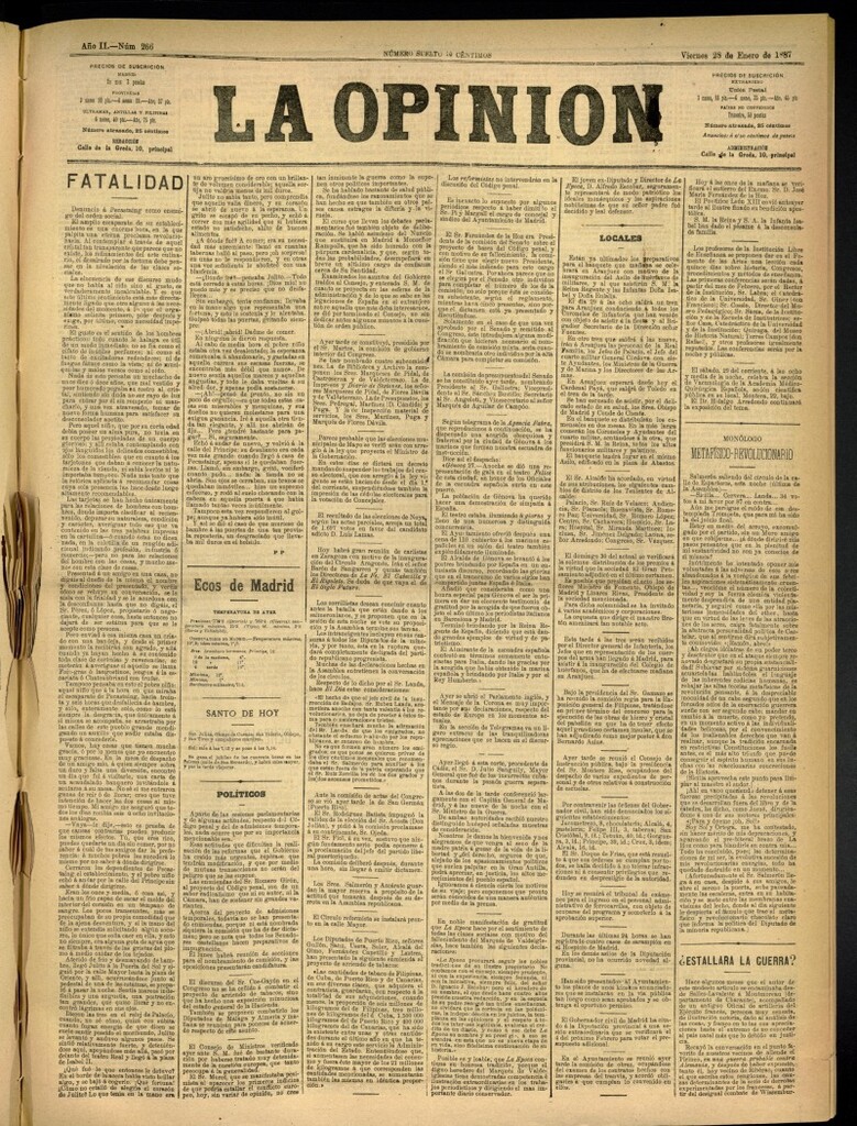 Miniatura de La Opinión del 28 de enero de 1887, nº 266