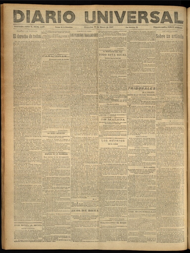 Miniatura de Diario Universal del 30 de enero de 1907, edición de noche