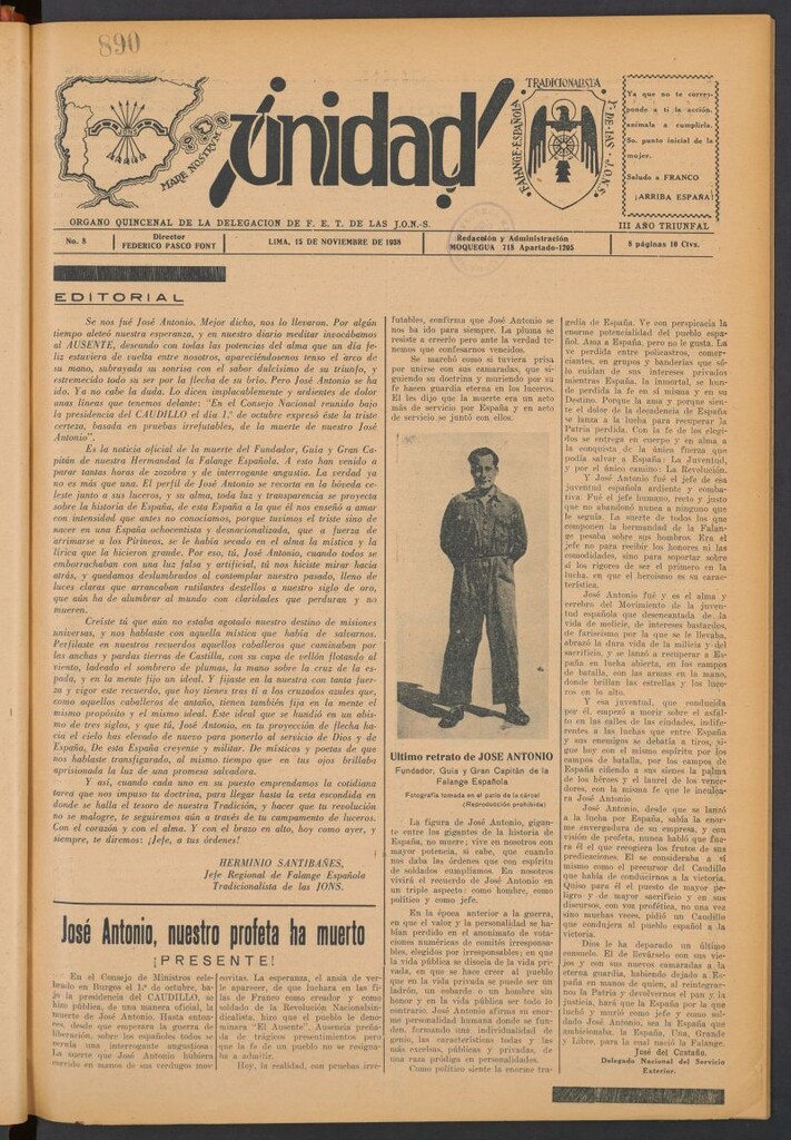 Miniatura de ¡Unidad! : órgano quincenal de la delegación de F.E.T. de las J.O.N.S. del 15 de noviembre de 1938