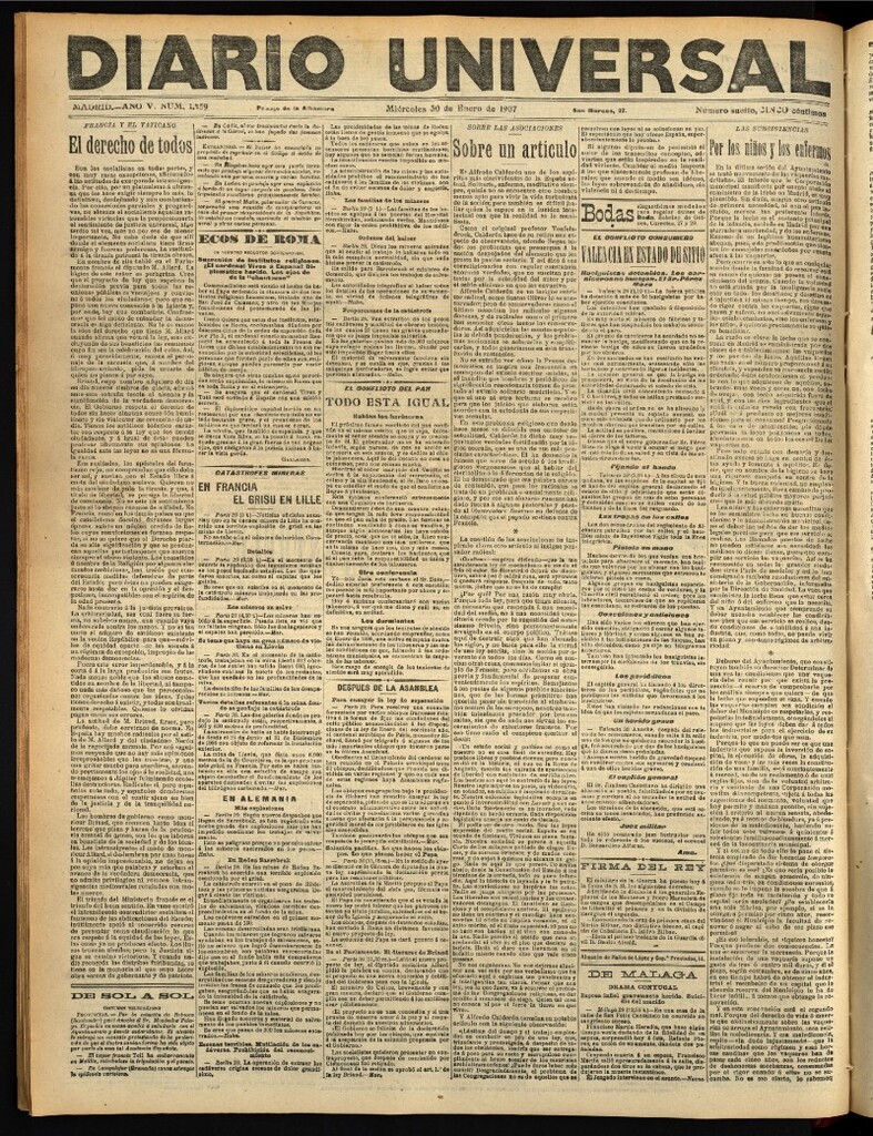 Miniatura de Diario Universal del 30 de enero de 1907, edición de tarde