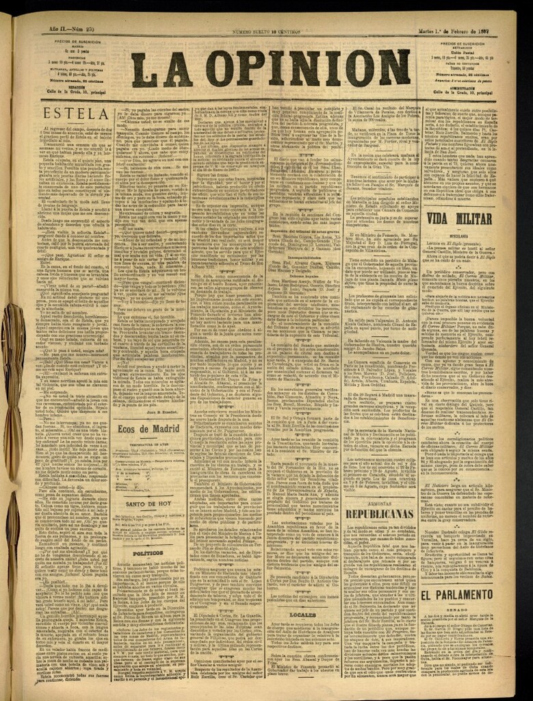 Miniatura de La Opinión del 1 de febrero de 1887, nº 270