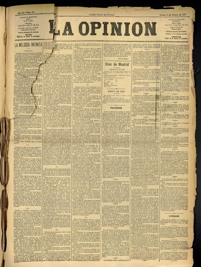 Miniatura de La Opinión del 4 de febrero de 1887, nº 273