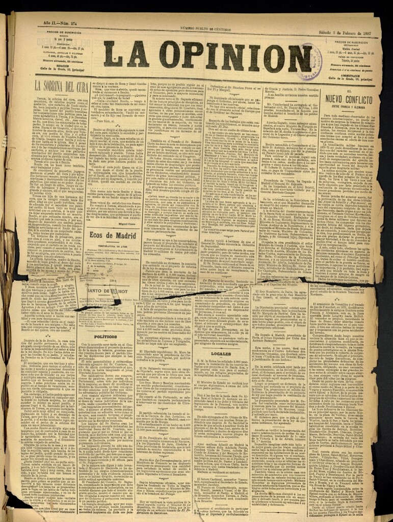 Miniatura de La Opinión del 5 de febrero de 1887, nº 274