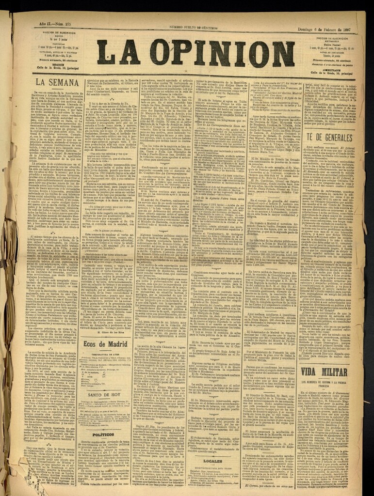 Miniatura de La Opinión del 6 de febrero de 1887, nº 275