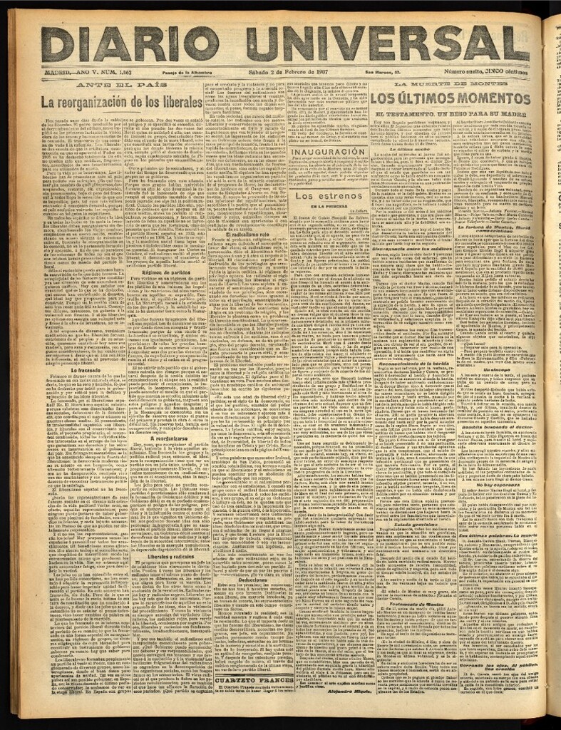 Miniatura de Diario Universal del 2 de febrero de 1907, edición de tarde