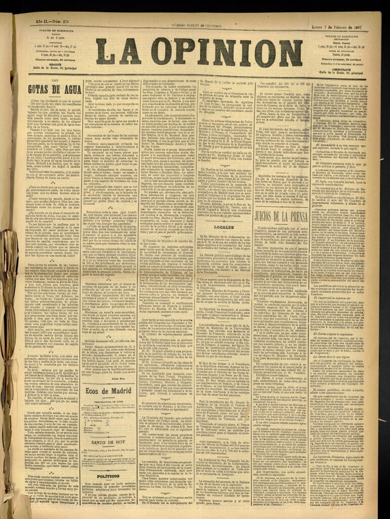 Miniatura de La Opinión del 7 de febrero de 1887, nº 276