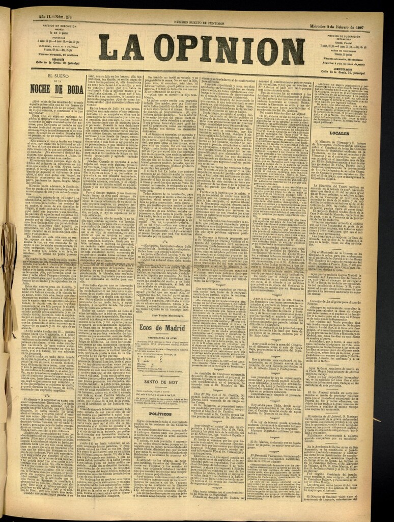 Miniatura de La Opinión del 9 de febrero de 1887, nº 278