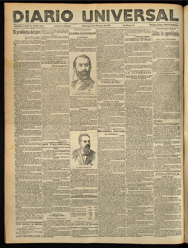 Miniatura de Diario Universal del 3 de febrero de 1907, edición de tarde