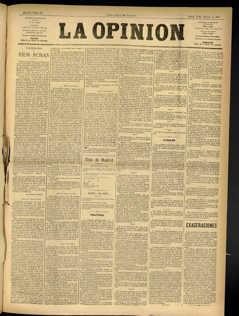Miniatura de La Opinión del 10 de febrero de 1887, nº 279