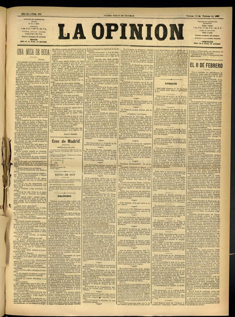 Miniatura de La Opinión del 11 de febrero de 1887, nº 280