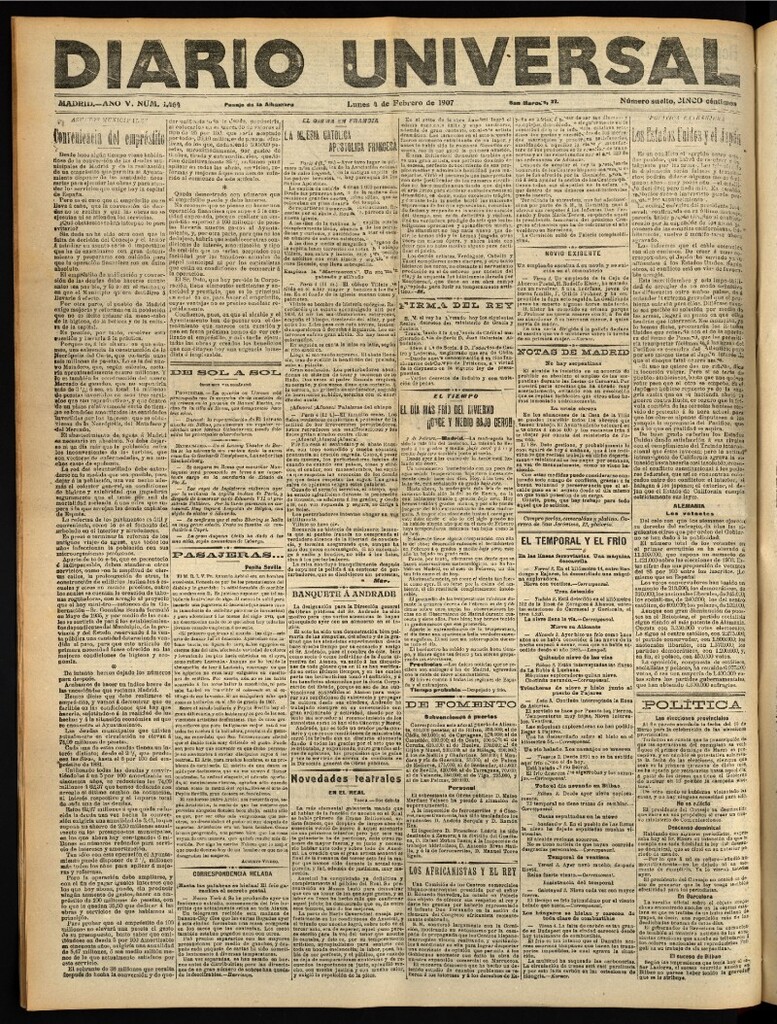 Miniatura de Diario Universal del 4 de febrero de 1907, edición de tarde