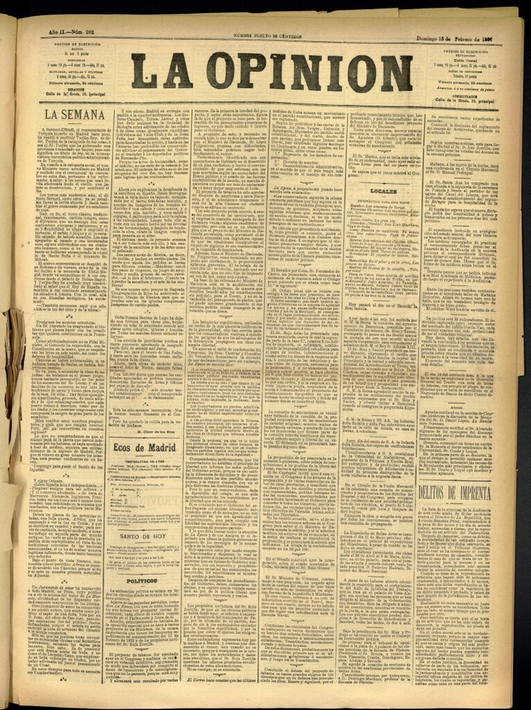 Miniatura de La Opinión del 13 de febrero de 1887, nº 282