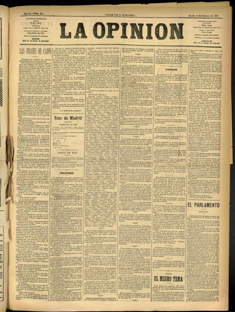 Miniatura de La Opinión del 15 de febrero de 1887, nº 284