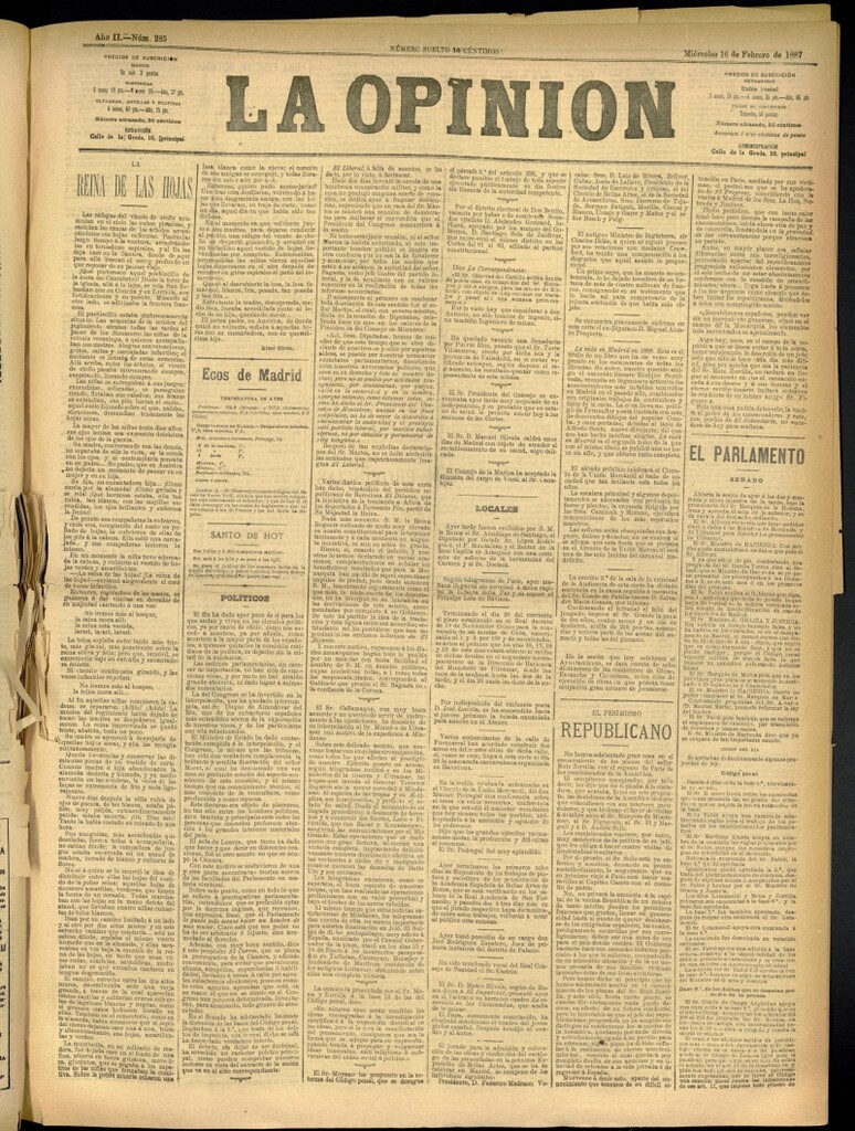 Miniatura de La Opinión del 16 de febrero de 1887, nº 285