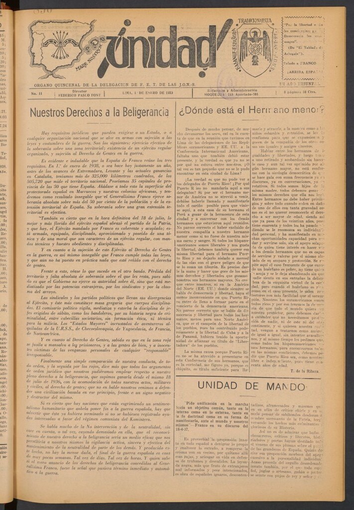 Miniatura de ¡Unidad! : órgano quincenal de la delegación de F.E.T. de las J.O.N.S. del 1 de enero de 1939