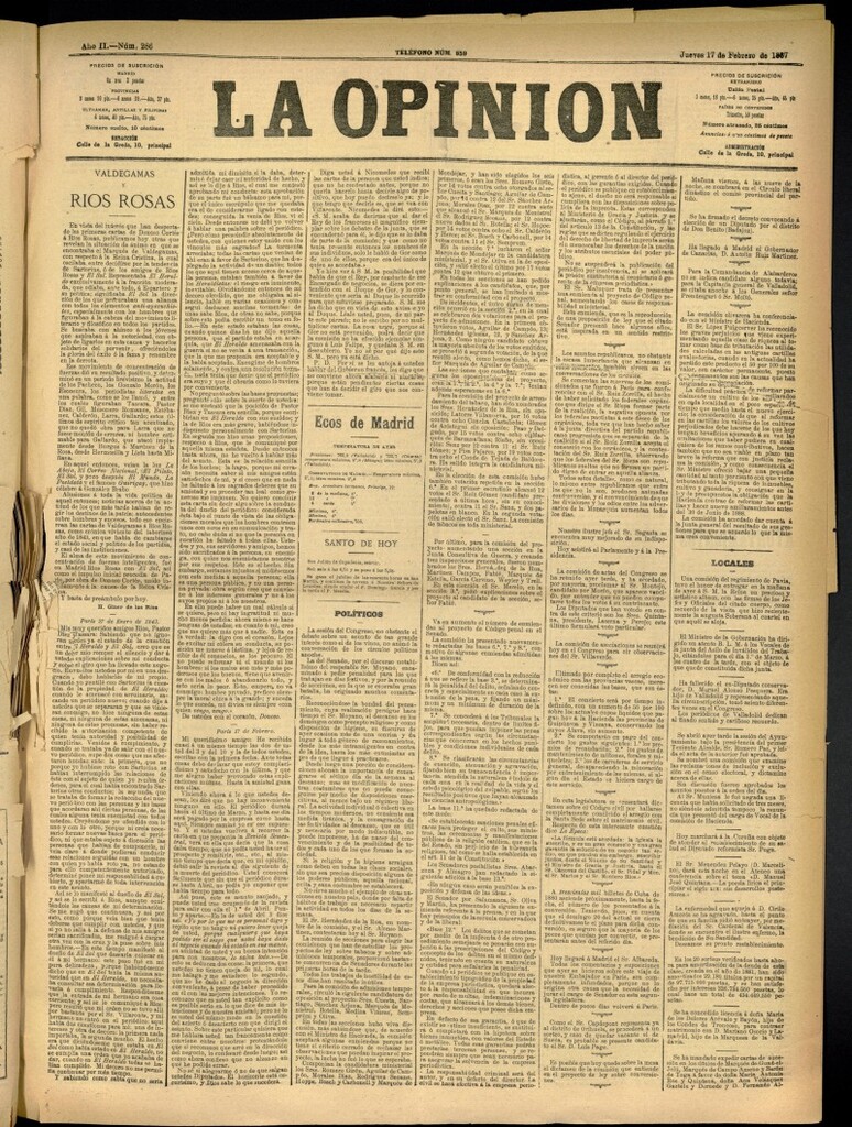 Miniatura de La Opinión del 17 de febrero de 1887, nº 286