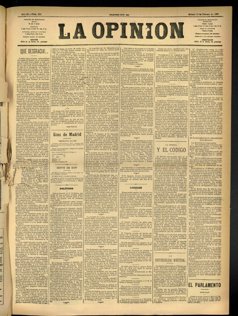Miniatura de La Opinión del 19 de febrero de 1887, nº 288