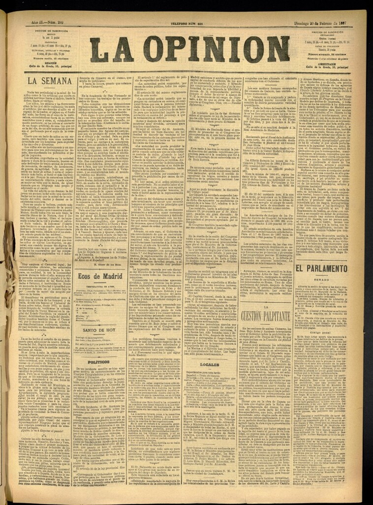 Miniatura de La Opinión del 20 de febrero de 1887, nº 289