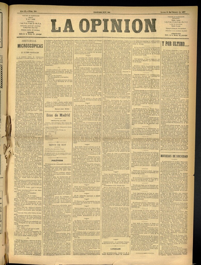 Miniatura de La Opinión del 21 de febrero de 1887, nº 290