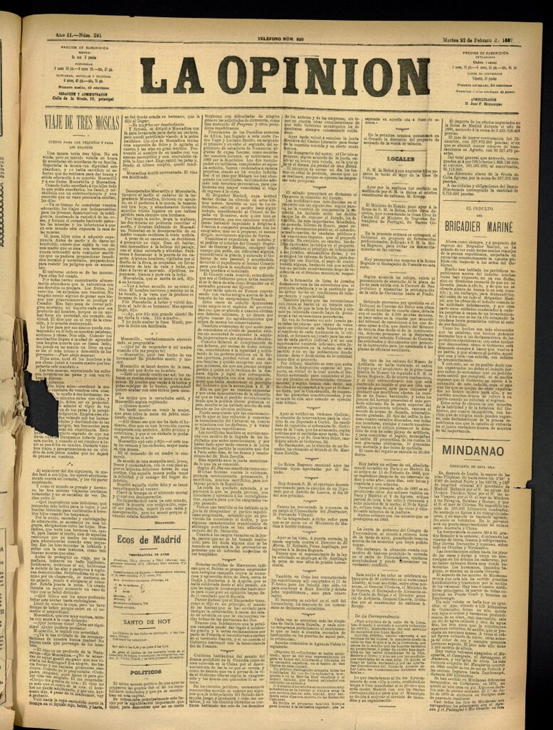 Miniatura de La Opinión del 22 de febrero de 1887, nº 291