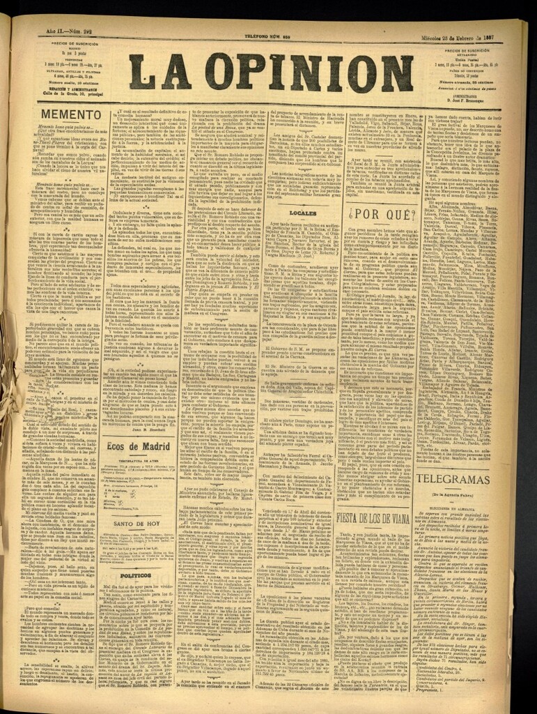 Miniatura de La Opinión del 23 de febrero de 1887, nº 292
