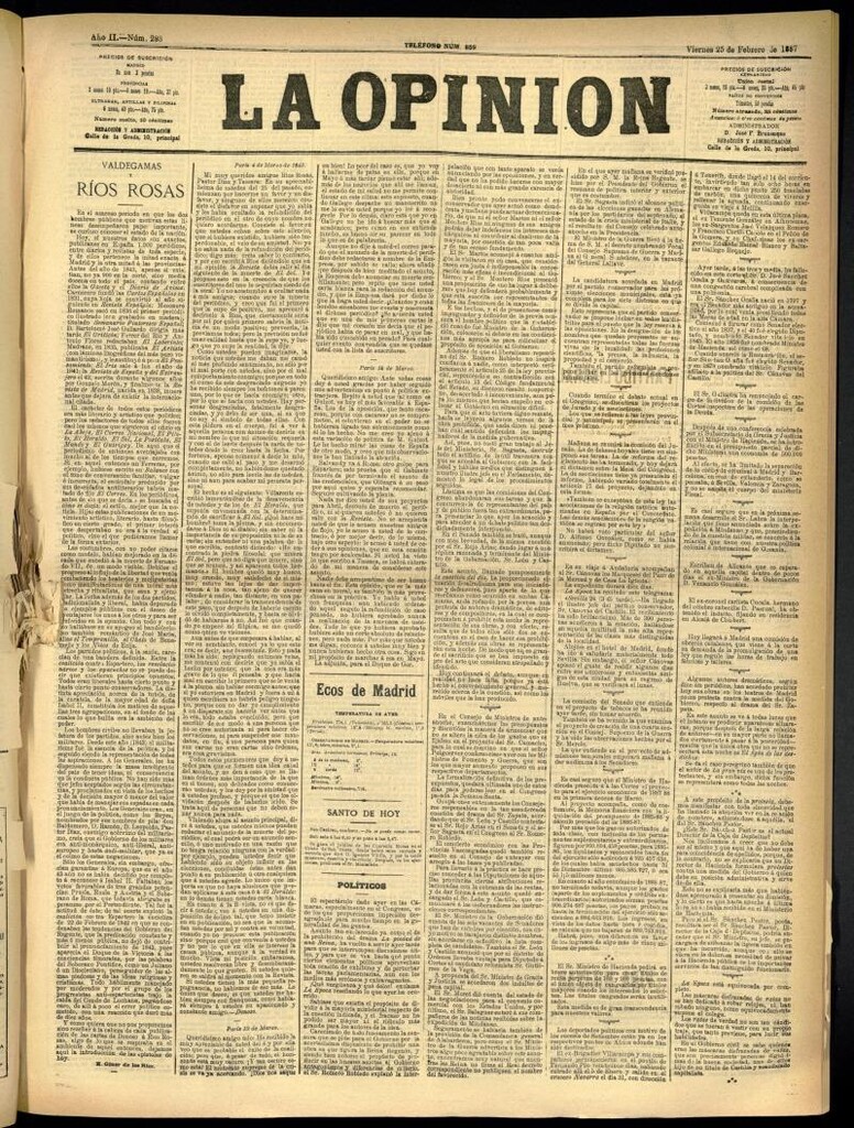 Miniatura de La Opinión del 25 de febrero de 1887, nº 293