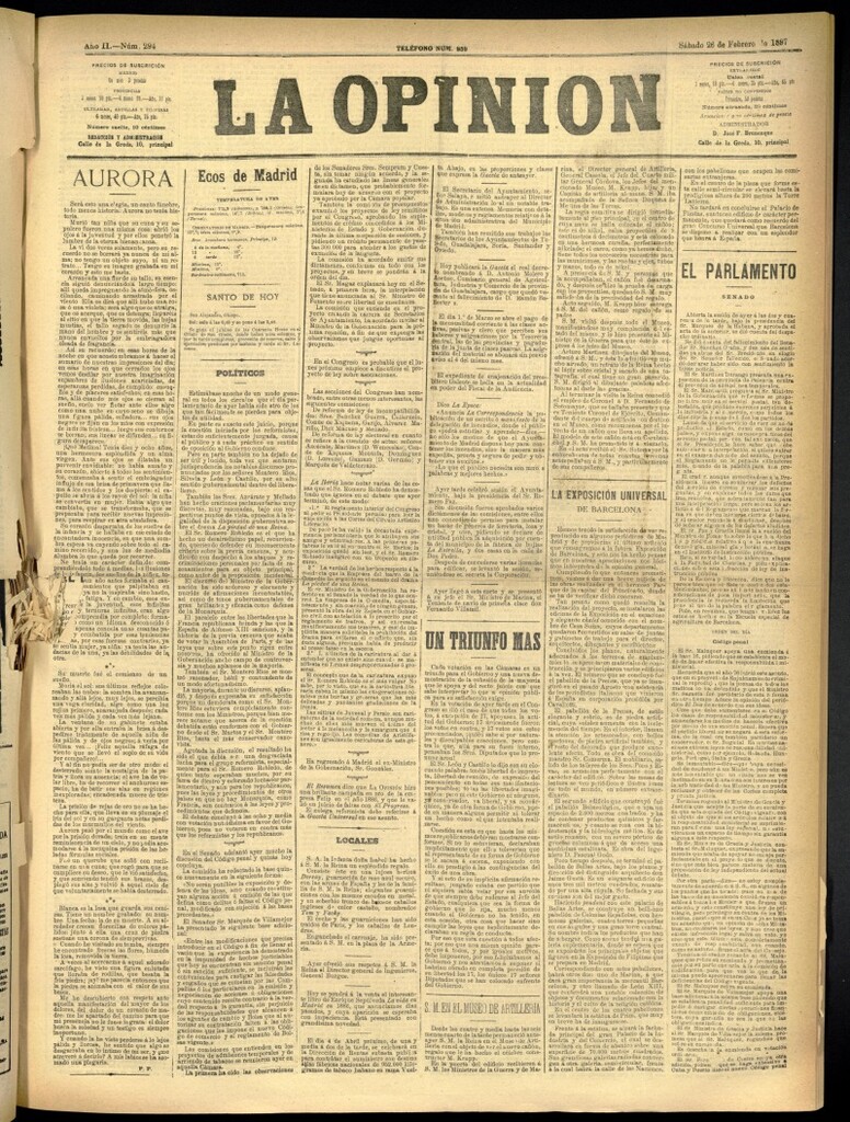 Miniatura de La Opinión del 26 de febrero de 1887, nº 294