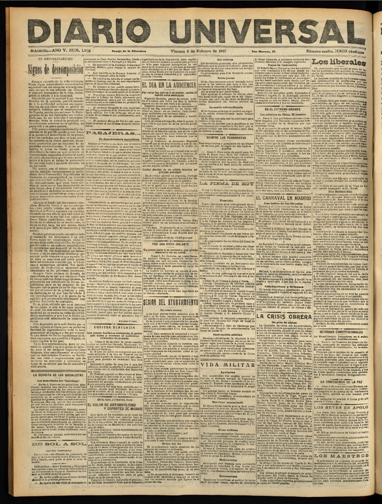 Miniatura de Diario Universal del 8 de febrero de 1907, edición de tarde