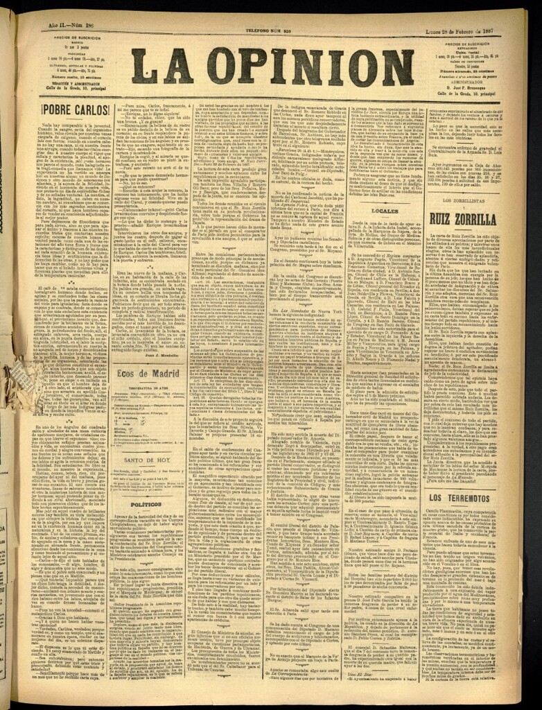 Miniatura de La Opinión del 28 de febrero de 1887, nº 296