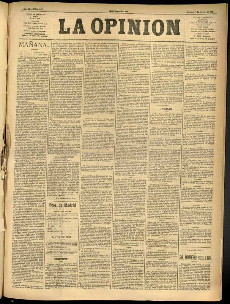 Miniatura de La Opinión del 1 de marzo de 1887, nº 297