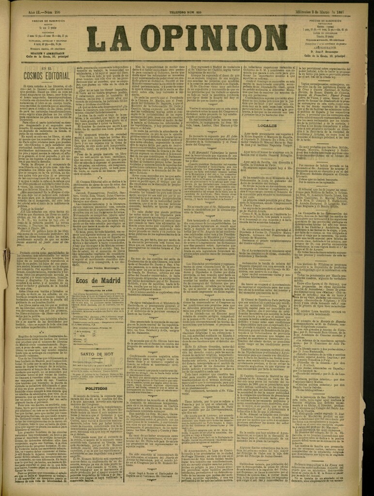 Miniatura de La Opinión del 2 de marzo de 1887, nº 298