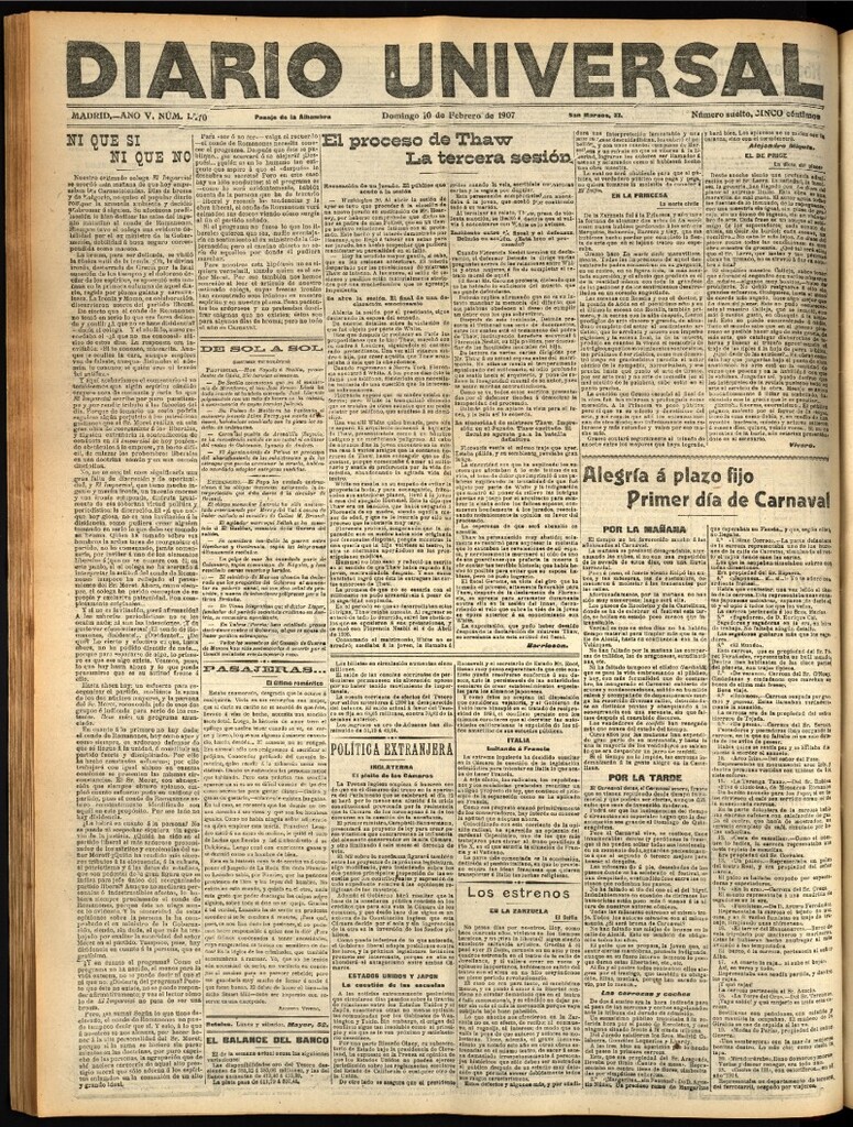 Miniatura de Diario Universal del 10 de febrero de 1907, edición de noche