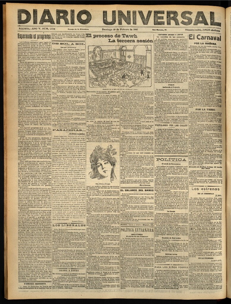Miniatura de Diario Universal del 10 de febrero de 1907, edición de tarde