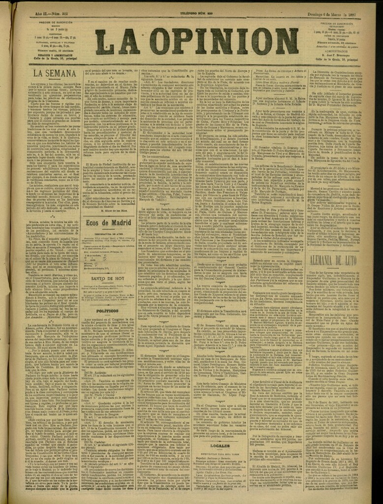 Miniatura de La Opinión del 6 de marzo de 1887, nº 302