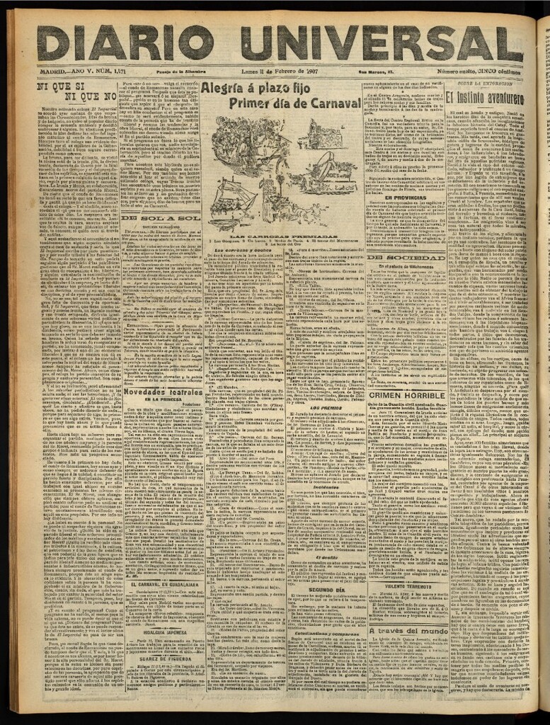Miniatura de Diario Universal del 11 de febrero de 1907, edición de tarde